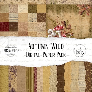 May include: A digital paper pack with 12 pages featuring autumn-themed designs. The designs include a variety of patterns, including leaves, mushrooms, birds, and flowers. The paper pack is titled "Autumn Wild" and is from the brand "Ink & Page".