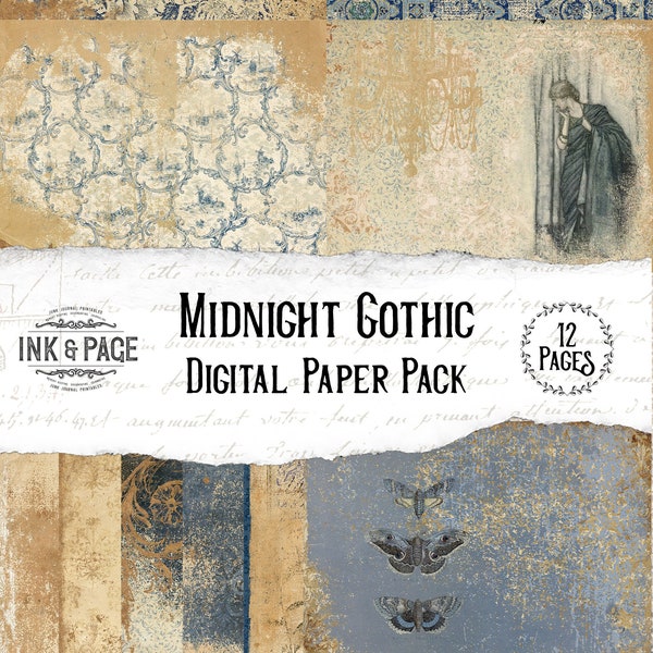 Midnight Gothic Distressed Digital Paper Pack for Junk Journaling, Bullet Journals, Scrapbooking, Printable, Navy Blue, Dark Academia