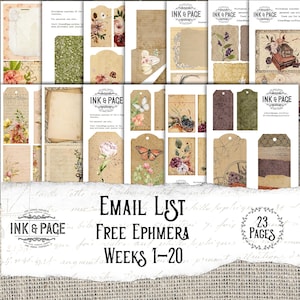 Junk Journal Ephemera, Freebies Pack 1, Week 1-20 van de Ink and Page Journals Email List, Digital Download, Vintage Printables,