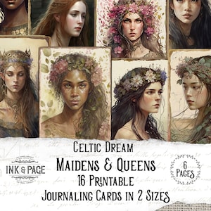 Maidens and Queens Printable Journal Cards, Celtic Dream Ireland Ephemera, Dark Academia, Magical Grimoire, Green Witch, Vintage Paper