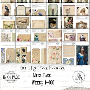 100 pagina's met junk Journal afdrukbare gratis Ephemera Mega Pack Vintage Tags Digitale Download Zakken Scrapbook Ansichtkaarten Bullet Journal Labels