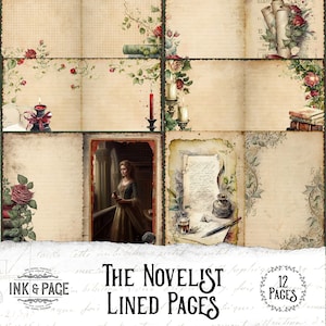 O romancista páginas forradas lixo diário papel para impressão biblioteca vitoriana senhora escritora efêmera livros antigos dark academia download digital