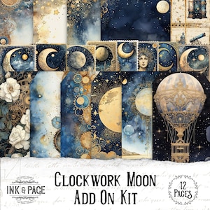 Moon Junk Journal Ephemera Adornos imprimibles Steampunk Celestial Tags Descarga digital Astrología Scrapbook Astronomía Bullet Journal