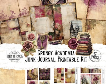 May include: Grungy Academia Junk Journal Printable Kit with 27 pages. The kit features a variety of images, including books, keys, roses, and castles. The images are in shades of pink, purple, and brown.