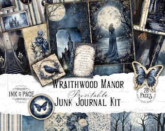 May include: A printable junk journal kit with a blue and white color scheme. The kit includes 28 pages of images and text, including a castle, a woman in a blue dress, a crow, and butterflies. The kit is titled "Wraithwood Manor Printable Junk Journal Kit".