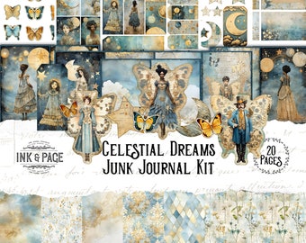 May include: A digital junk journal kit with a celestial theme. The kit includes 20 pages of digital paper, ephemera, and embellishments. The kit features fairies, butterflies, stars, moons, and other celestial elements. The kit is perfect for creating unique and personalized journals.