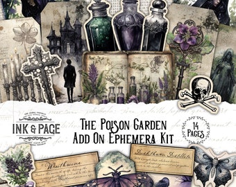 May include: A digital scrapbooking kit with 14 pages of ephemera featuring a dark, gothic theme. The kit includes images of a skull and crossbones, a key, a bottle of poison, a butterfly, a book, a cross, a bouquet of purple flowers, and a woman in a black dress. The text "The Poison Garden Add On Ephemera Kit" is visible in the image.