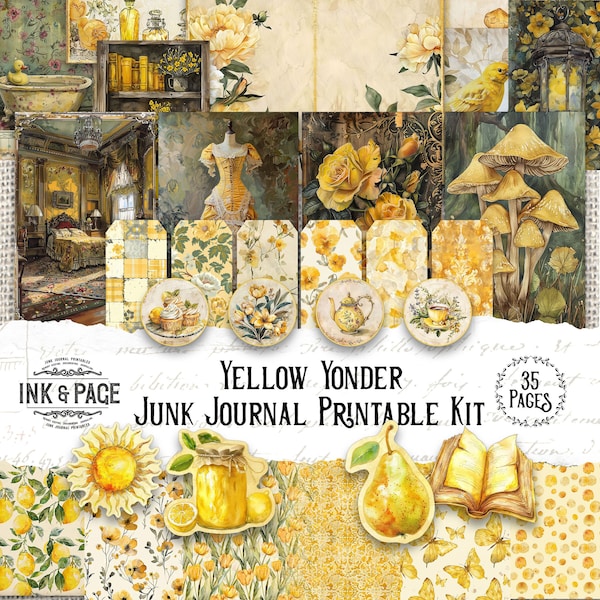 Yellow Yonder Printable Junk Journal Kit Ephemera Digital Download Gold Vintage Papercraft Shabby Scrapbook Paper Background Mixed Media ATC