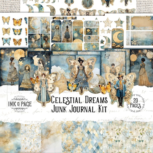 Celestial Dreams Junk Journal Printable Kit Collage Digital Download Sonne und Mond Journal Astronomie Sterne Scrapbook Papier Papier Puppen Bujo