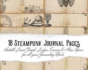 Afdrukbare Steampunk Junk Journal Pages en Tea Stained Paper, Victoriaans, Lined Journal Paper