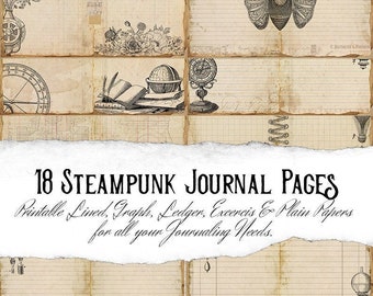 Printable Steampunk Junk Journal Pages  and Tea Stained Paper, Victorian,  Lined Journal Paper