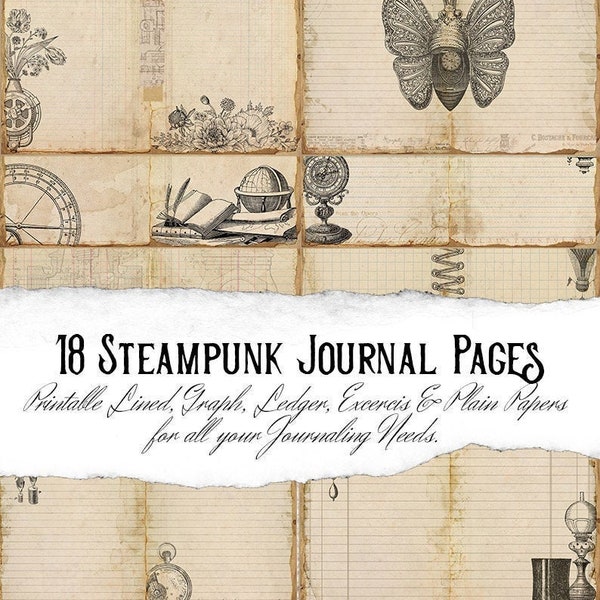 Printable Steampunk Junk Journal Pages  and Tea Stained Paper, Victorian,  Lined Journal Paper