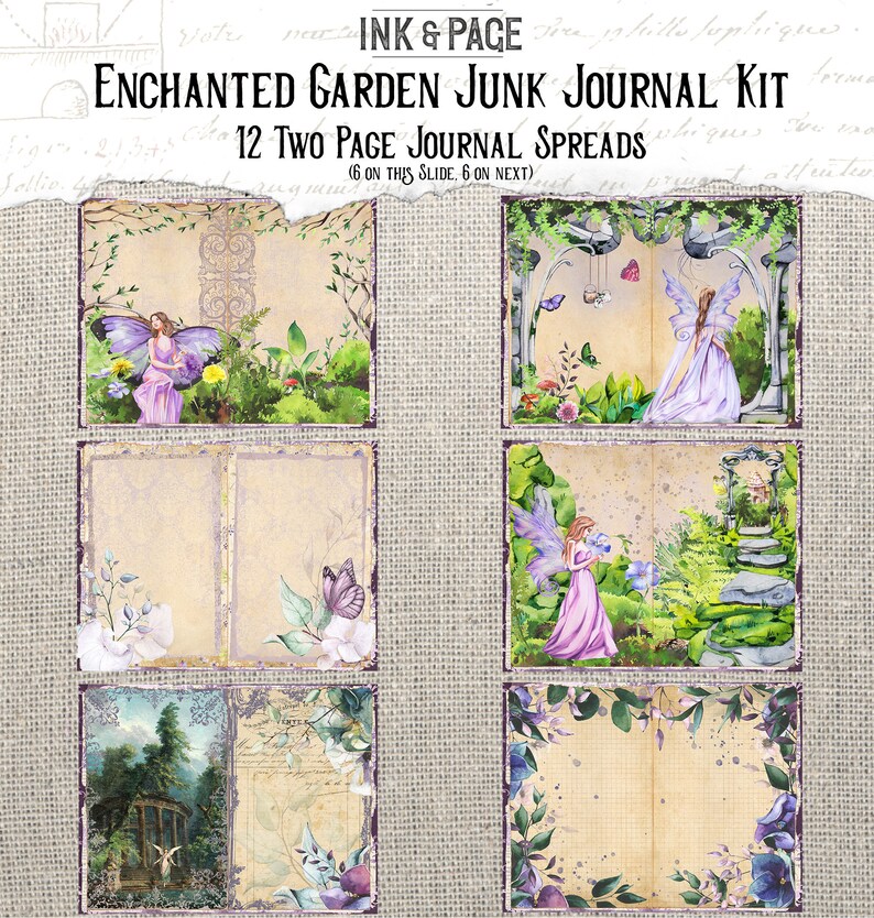 May include: A digital collage kit for junk journaling featuring 12 two-page spreads with a whimsical garden theme. The spreads feature fairies, butterflies, flowers, and a vintage aesthetic. The text "ENCHANTED GARDEN JUNK JOURNAL KIT" and "12 TWO PAGE JOURNAL SPREADS" is visible in the image.