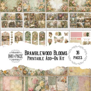 Può includere: Una collezione di pagine di diario stampabili ed effimeri con un tema floreale e botanico. Il design presenta rose, farfalle e sfondi in stile vintage. Il testo "Bramblewood Blooms Printable Add-On Kit" è visualizzato, insieme a "36 Pages".