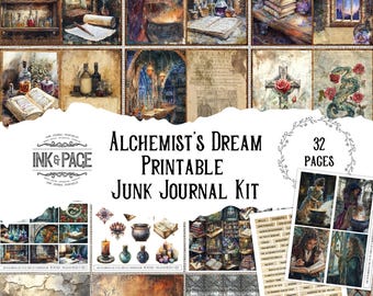 May include: A printable junk journal kit with 32 pages featuring an alchemist theme. The kit includes images of potions, books, and other magical items. The title of the kit is "Alchemist's Dream Printable Junk Journal Kit" and the logo is "Ink & Page".