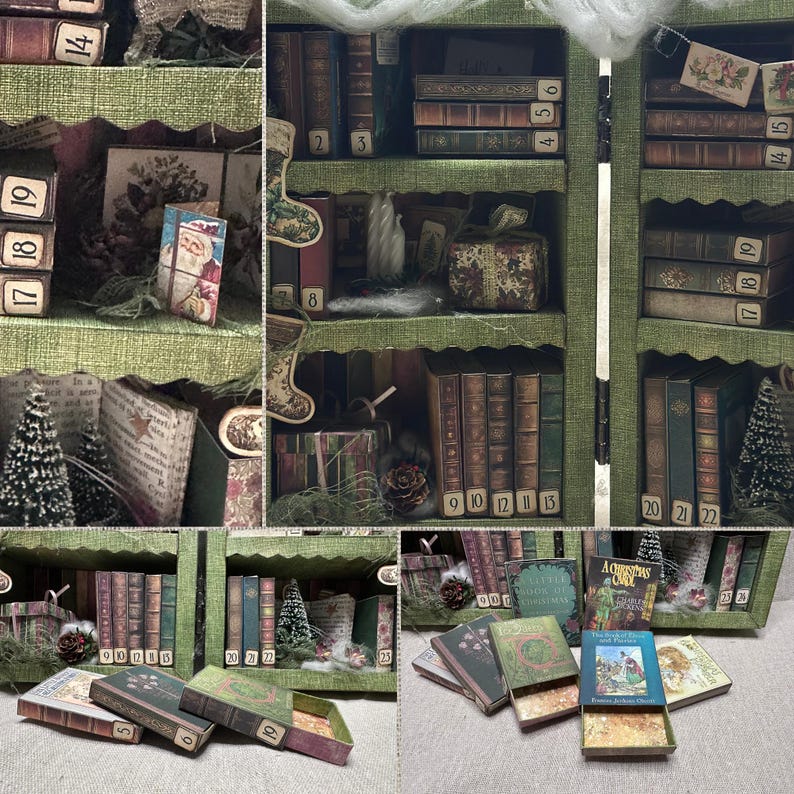 Utskrivbart kit för adventsbokhylla | Miniboklådor | Vintage julbibliotek | Skräpjournal och papperspysselprojekt bild 2