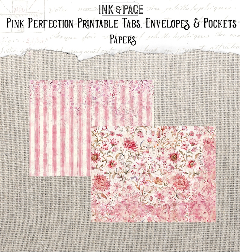May include: Two digital paper designs in pink and white. One design features pink and white stripes. The other design features a floral pattern with pink flowers and leaves. The text "INK & PACE" and "PINK PERFECTION PRINTABLE TABS, ENVELOPES & POCKETS PAPERS" is visible at the top of the image.