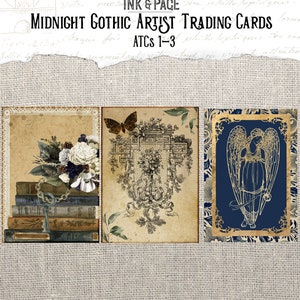 May include: Three vintage-style trading cards with gothic themes. The first card features a bouquet of flowers and a key on top of a stack of books. The second card features a detailed illustration of a cross with a butterfly. The third card features a gold angel with wings on a blue background.
