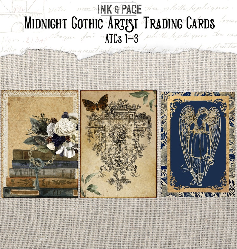 May include: Three vintage-style trading cards with gothic themes. The first card features a bouquet of flowers and a key on top of a stack of books. The second card features a detailed illustration of a cross with a butterfly. The third card features a gold angel with wings on a blue background.