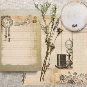 May include: A vintage-style scrapbook page with a clock, a lamp, and a top hat illustration. The page is decorated with dried flowers and a wooden circle.