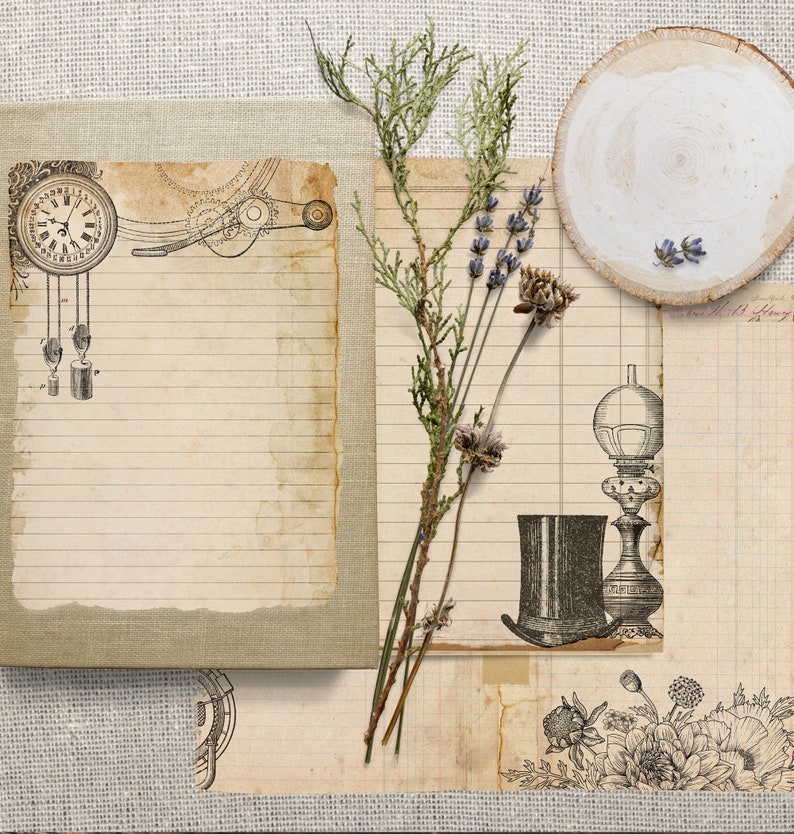 May include: A vintage-style scrapbook page with a clock, a lamp, and a top hat illustration. The page is decorated with dried flowers and a wooden circle.