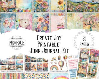 Create Joy Junk Journal Printable Kit Whimsical Digital Download Collage Ephemera Rainbow Grunge Happy Scrapbook Paper Craft Mixed Media Art