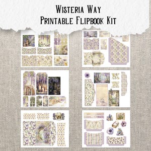 Puede incluir: Kit de flipbook imprimible con un tema de glicinia caprichoso. El kit incluye una variedad de elementos decorativos, como etiquetas, sobres y un fondo estampado. Las im&aacute;genes presentan un arco de glicinia, un camino de jard&iacute;n y una mariposa.