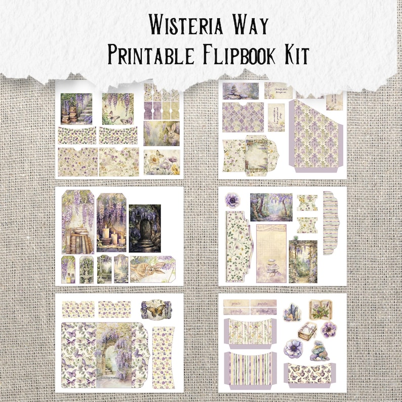 Puede incluir: Kit de flipbook imprimible con un tema de glicinia caprichoso. El kit incluye una variedad de elementos decorativos, como etiquetas, sobres y un fondo estampado. Las im&aacute;genes presentan un arco de glicinia, un camino de jard&iacute;n y una mariposa.