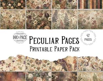 May include: A collection of 42 printable paper pages featuring vintage-style botanical illustrations, floral patterns, ferns, and striped designs in muted earth tones. The text reads INK & PAGE PECULIAR PAGES PRINTABLE PAPER PACK 42 PAGES.