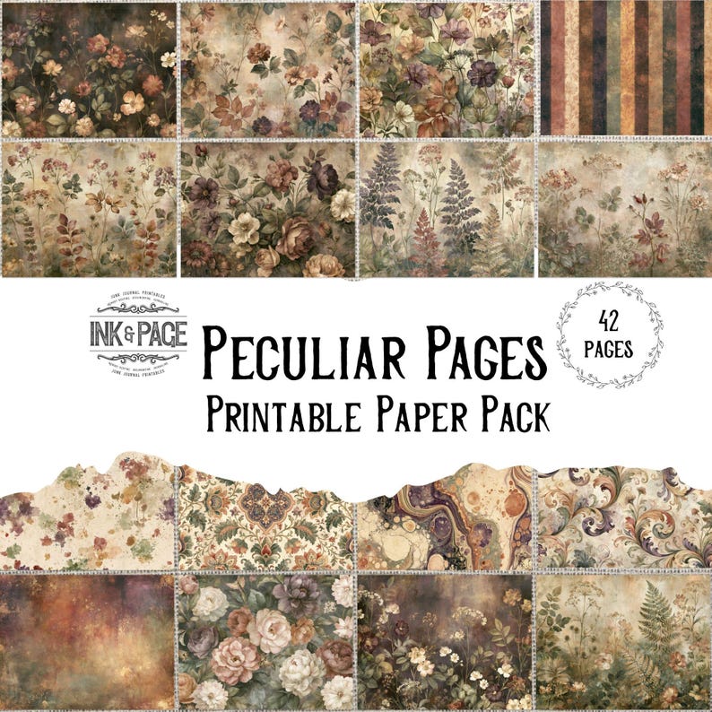 May include: A collection of 42 printable paper pages featuring vintage-style botanical illustrations, floral patterns, ferns, and striped designs in muted earth tones. The text reads INK & PAGE PECULIAR PAGES PRINTABLE PAPER PACK 42 PAGES.