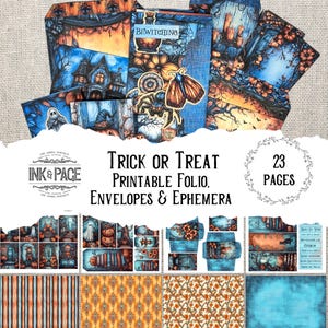 Trick or Treat Printable Halloween Folio and Envelopes Kit Junk Journal Ephemera Spooky Cards Whimsical Ghost Papercraft Project Orange Teal