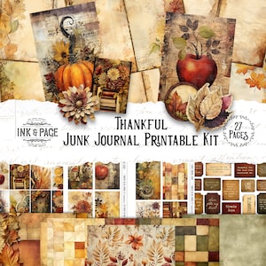 Agradecido Junk Journal Kit de colagem de outono para impressão Gratitude Journal Page Folha de colagem de outono Vintage Ephemera Thanksgiving Digital Download