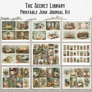 May include: A collection of printable junk journal kit elements with a vintage, fantasy theme. The images include illustrations of books, lanterns, flowers, and forest scenes. The text at the top reads "The Secret Library Printable Junk Journal Kit."