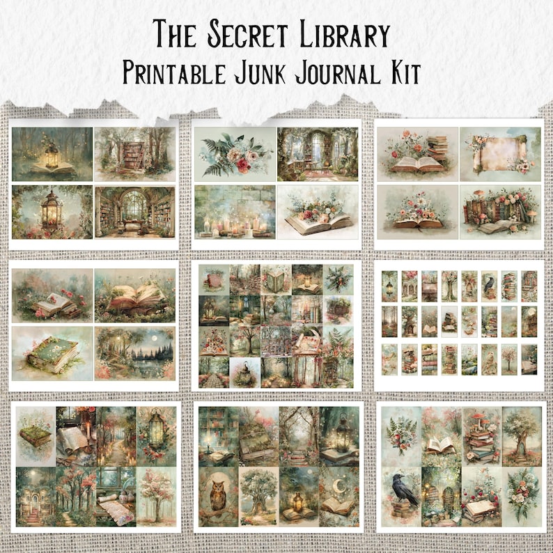 May include: A collection of printable junk journal kit elements with a vintage, fantasy theme. The images include illustrations of books, lanterns, flowers, and forest scenes. The text at the top reads "The Secret Library Printable Junk Journal Kit."