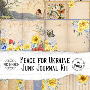 Peace for Ukraine Printable Junk Journal Kit, Sunflowers Vintage Ephemera Pack, Journaling Supplies, Scrapbooking Digital Papers