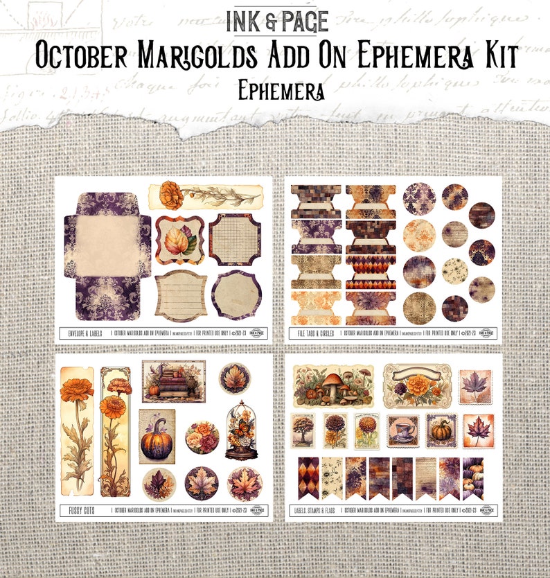 October Junk Journal Printable Kit Ephemera Digital Download Marigold ...
