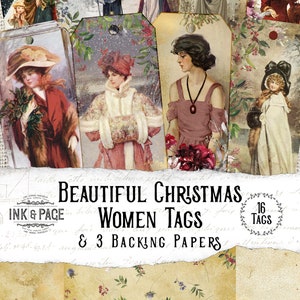 Mooie Kerst Vrouwen Tags, Cadeau, Afdrukbare Vintage Ephemera, Winter Dames, December Dagelijks, Ornament, Verfraaiing, Digitale Download