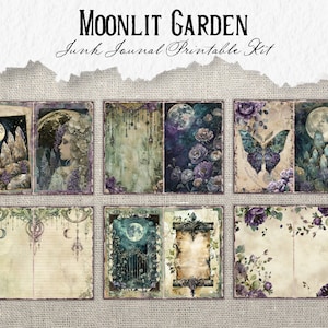 Pode incluir: Kit de di&aacute;rio de sucata imprim&iacute;vel com tema de jardim iluminado pela lua. O kit inclui imagens de uma lua, flores, uma borboleta e um port&atilde;o. As imagens est&atilde;o em tons de roxo, verde e azul.