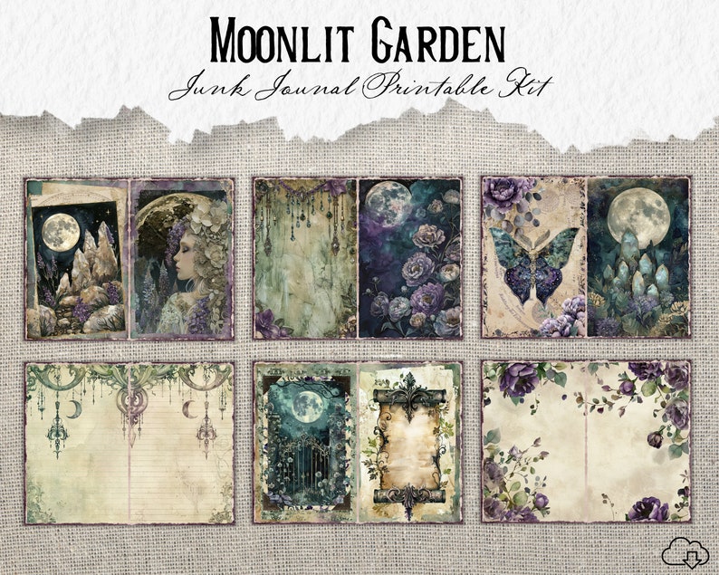 Pode incluir: Kit de di&aacute;rio de sucata imprim&iacute;vel com tema de jardim iluminado pela lua. O kit inclui imagens de uma lua, flores, uma borboleta e um port&atilde;o. As imagens est&atilde;o em tons de roxo, verde e azul.