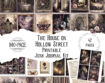 May include: A collection of printable junk journal pages with a gothic theme. The images feature antique illustrations of flowers, butterflies, and architectural elements in shades of purple, gray, and cream. The text reads "The House on Hollow Street Printable Junk Journal Kit" and "42 Pages".