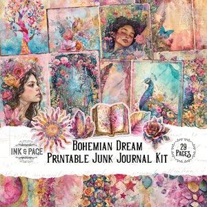 Bohemian Dream Junk Journal Printable Kit Colorful Digital Download Distressed Collage Whimsical Scrapbook Paper Fantasy Collage Rose Paper