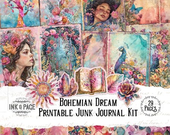 Bohemian Dream Junk Journal Printable Kit Colorful Digital Download Distressed Collage Whimsical Scrapbook Paper Fantasy Collage Rose Paper