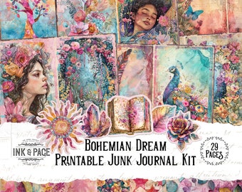 Könnte beinhalten: Ein digitaler druckbarer Junk Journal Kit mit 29 Seiten zum Thema Bohemian Dream. Das Kit enthält Bilder von Blumen, einem Pfau, einem Buch, einem Kristall, einer Sonne, einem Mond und einer Frau mit Blumen im Haar. Der Text "Bohemian Dream Printable Junk Journal Kit" ist im Bild enthalten.