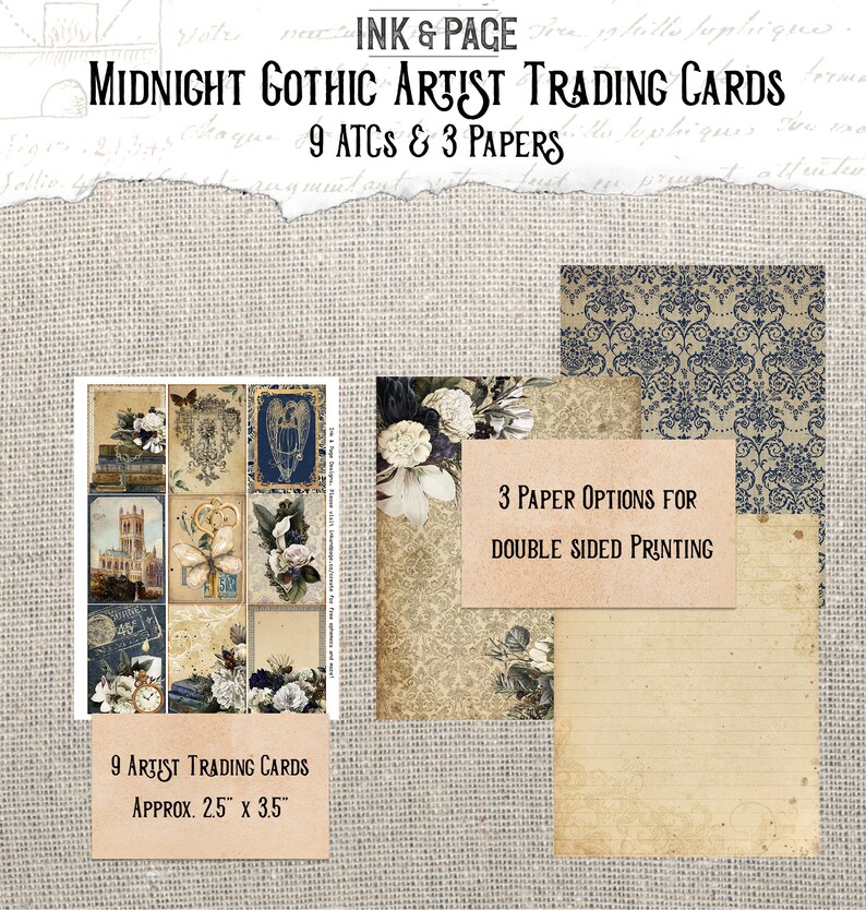 May include: Nine gothic-themed artist trading cards (ATCs) with images of keys, books, a clock, a church, and flowers. Three paper options for double-sided printing are also included. The papers are a floral pattern, a damask pattern, and lined paper.