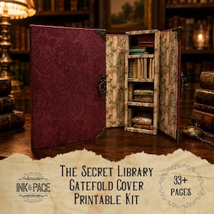 May include: A burgundy gatefold cover with a floral pattern, opened to reveal a miniature library with shelves of tiny books. The cover has antique brass corner protectors and a clasp. Text on the image reads "The Secret Library Gatefold Cover Printable Kit."