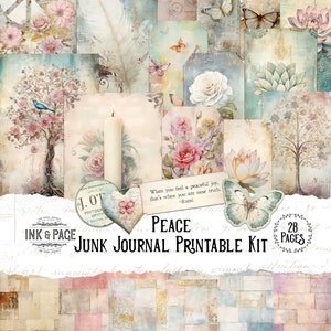 Peace Junk Journal Afdrukbare Kit Collage Digitale Download Pastel Ephemera Grungy Lichte Academia Scrapbook Papier Shabby Chic Mixed Media Bujo