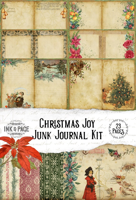 Christmas Joy Junk Journal Kit, Printable Holiday Ephemera, Vintage Tags, Digital Download, Red Paper, Green, December Daily, Craft Supplies