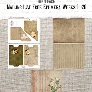 May include: A collection of vintage-style ephemera, including envelopes and patterned papers. The designs feature floral and pumpkin motifs, with text that reads "MAILING LIST FREE EPHMERA WEEKS 1-20" in a decorative font. The color palette includes beige, brown, and green.