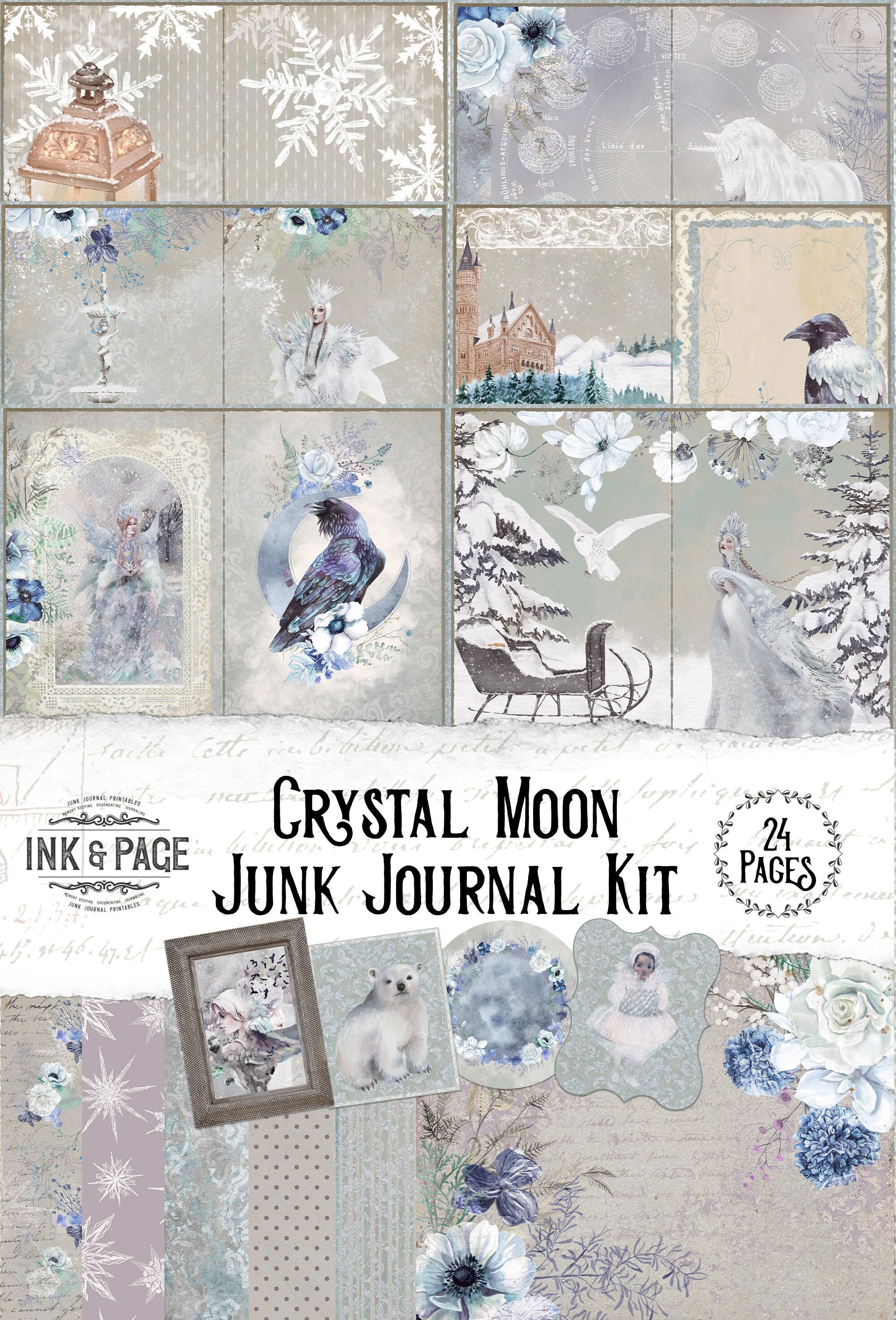 Crystal Moon Junk Journal Printable Kit, Snow Fairy Digital Download ...