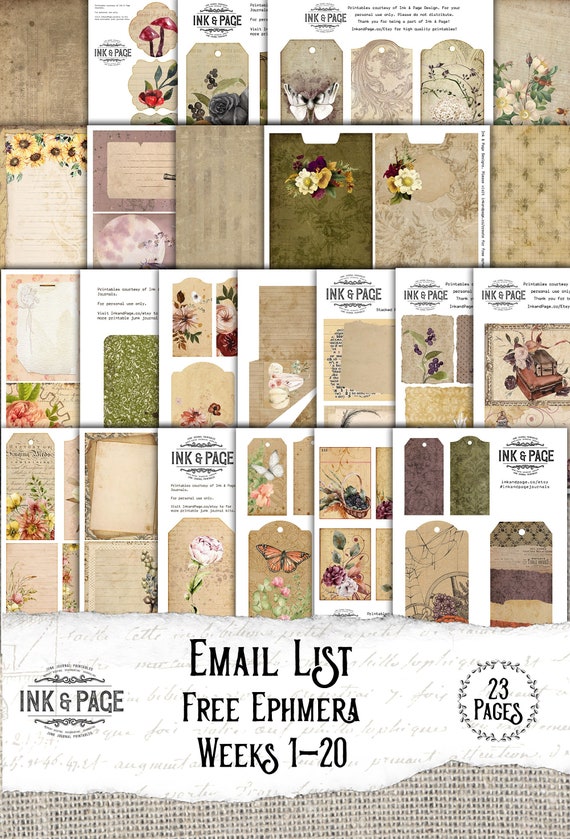 Junk Journal Ephemera, Freebies Pack 1, Weeks 1-20 from the Ink and Page Journals Email List, Digital Download, Vintage Printables,